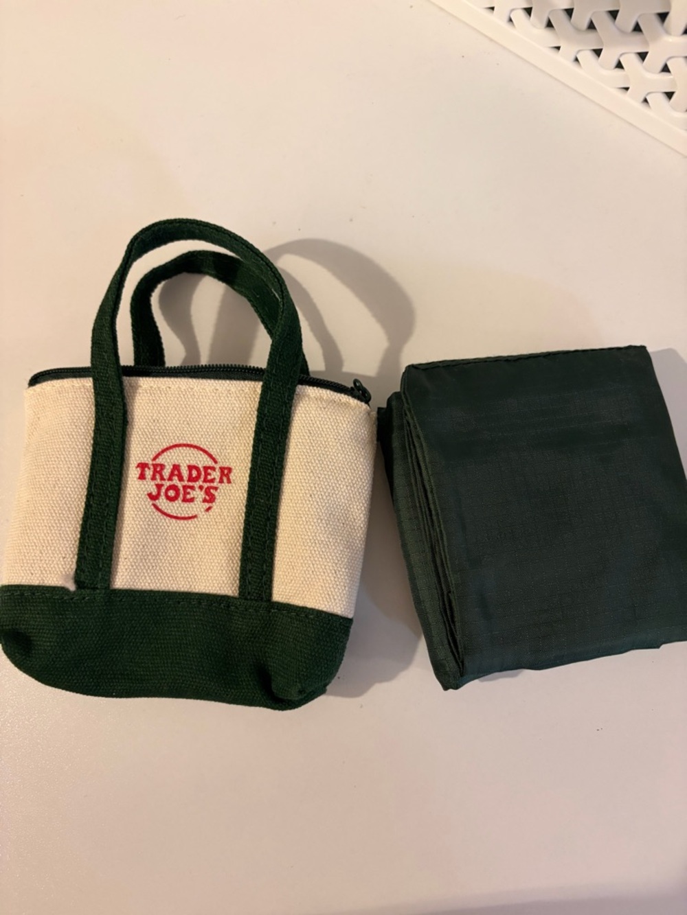 Trader Joe’s green canvas micro tote with grocery bag